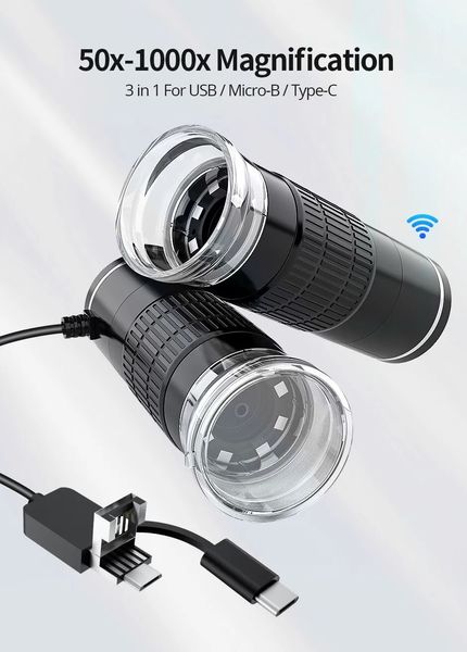 Бездротовий цифровий зі збільшенням 50X-1000X USB-мікроскоп з гнучкою підставкою для ПК, iPhone, Android 2432016000001 фото